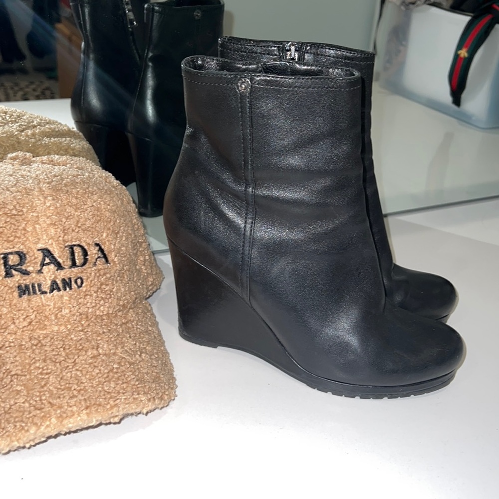 Prada Black Leather Wedges Platform Boots Booties 38 7.5 8